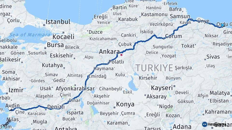 Ordu Kuşadası Aydın Arası Kaç Km - Yol Haritası