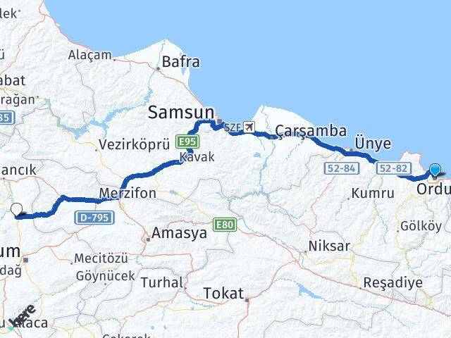 Ordu Laçin Çorum Arası Kaç Km - Yol Haritası