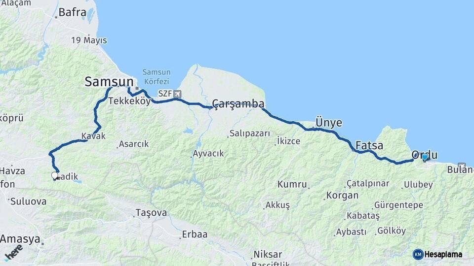 Ordu Ladik Samsun Arası Kaç Km - Yol Haritası