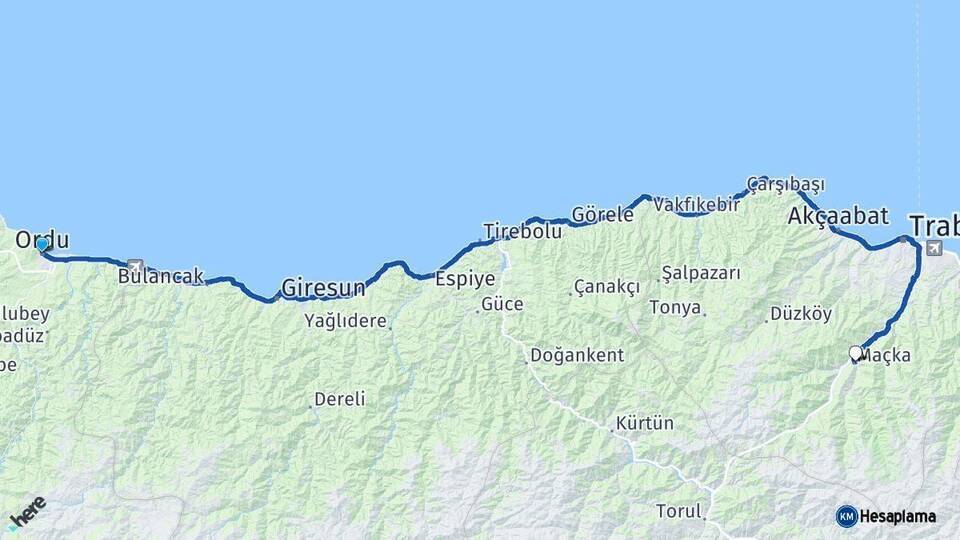 Ordu Maçka Trabzon Arası Kaç Km - Yol Haritası
