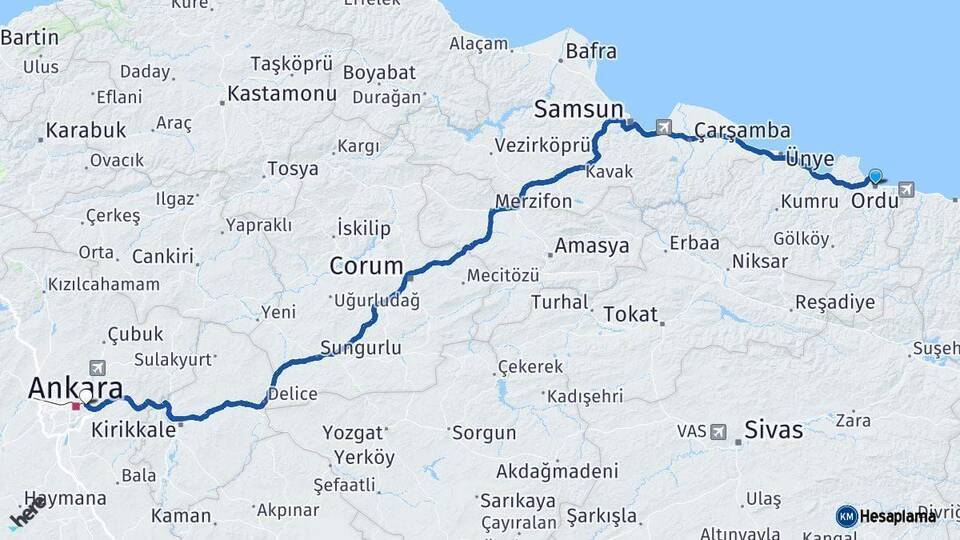 Ordu Mamak Arası Kaç Km - Yol Tarifi