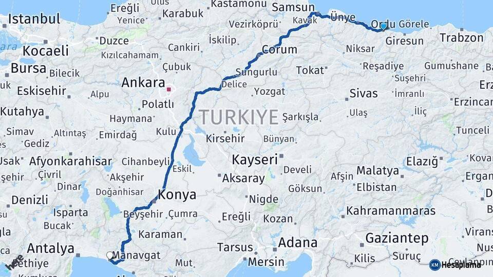 Ordu Manavgat Antalya Arası Kaç Km - Yol Haritası