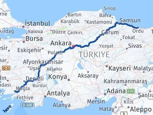 Ordu Menteşe Muğla Arası Kaç Km - Yol Haritası