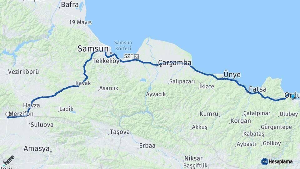 Ordu Merzifon Amasya Arası Kaç Km - Yol Haritası