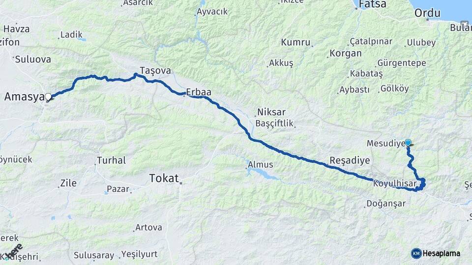 Mesudiye Amasya Arası Kaç Km - Yol Tarifi