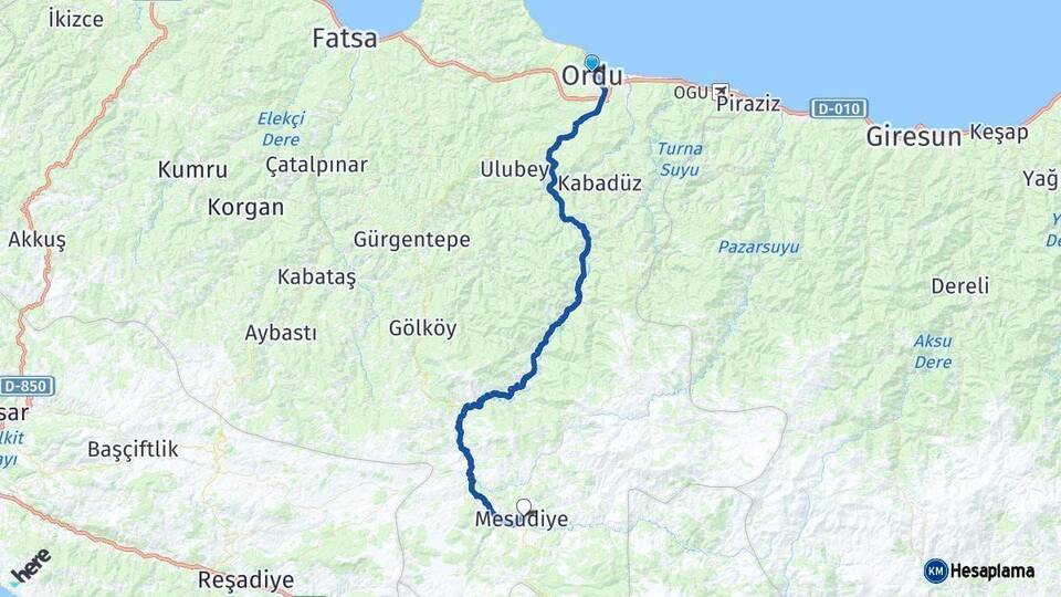 Ordu Mesudiye Arası Kaç Km - Yol Haritası