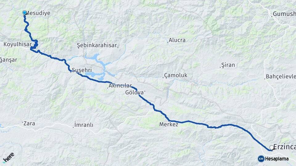 Mesudiye Erzincan Arası Kaç Km - Yol Tarifi