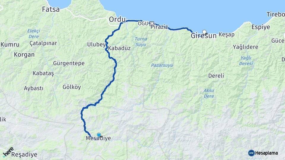 Mesudiye Giresun Arası Kaç Km - Yol Tarifi