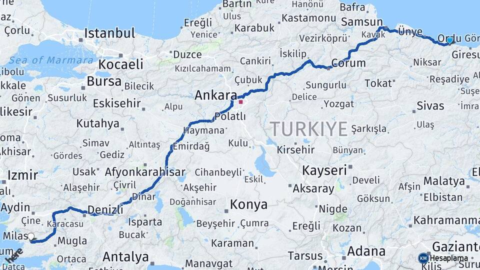 Ordu Milas Muğla Arası Kaç Km - Yol Haritası