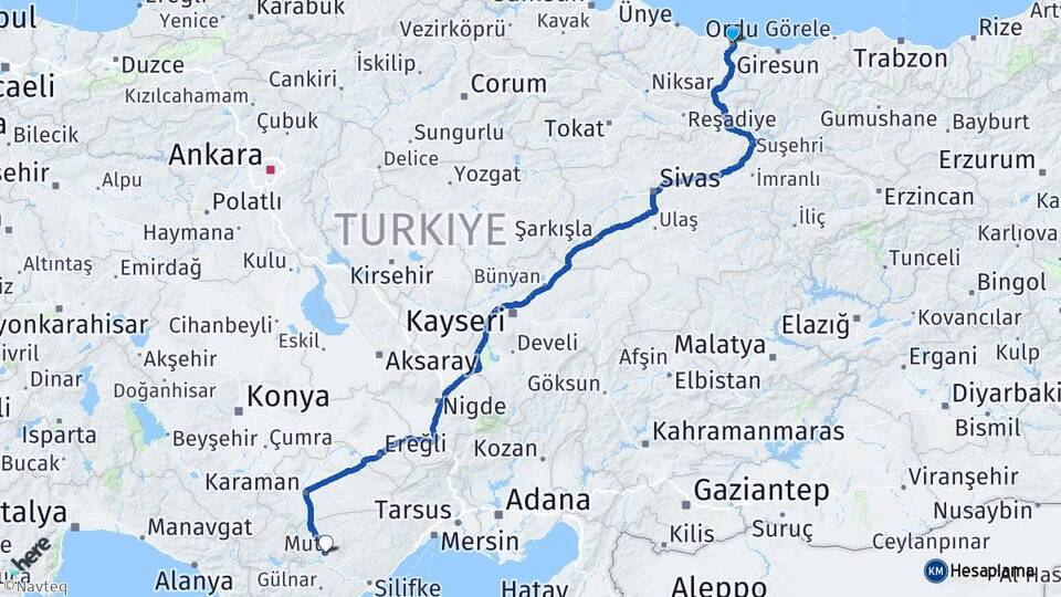 Ordu Mut Mersin Arası Kaç Km - Yol Haritası