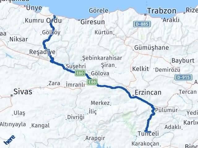 Ordu Nazımiye Tunceli Arası Kaç Km - Yol Haritası