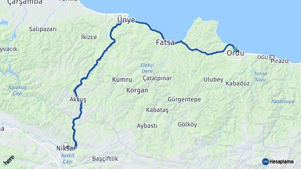 Ordu Niksar Tokat Arası Kaç Km - Yol Haritası
