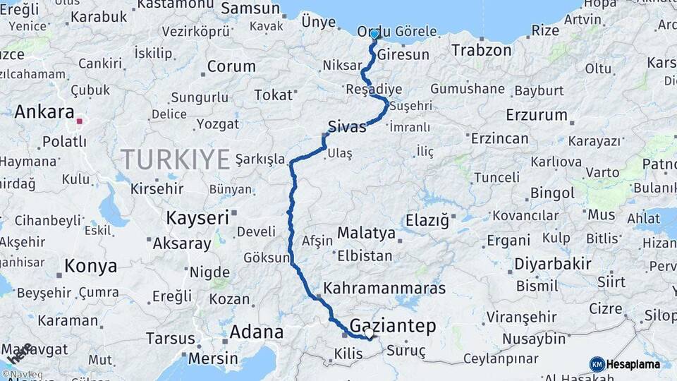 Ordu Nizip Gaziantep Arası Kaç Km - Yol Haritası
