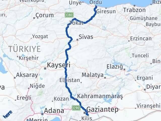 Ordu Oğuzeli Gaziantep Arası Kaç Km - Yol Haritası