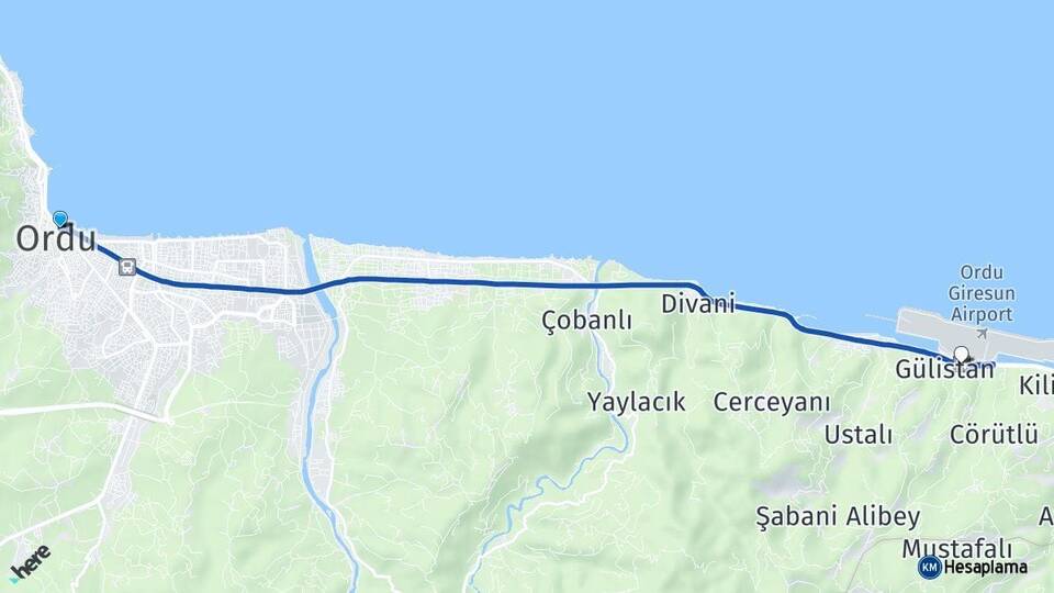 Ordu Ordu Giresun Havalimanı Arası Kaç Km - Yol Haritası