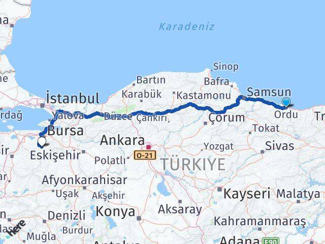 Ordu Orhaneli Bursa Arası Kaç Km - Yol Haritası
