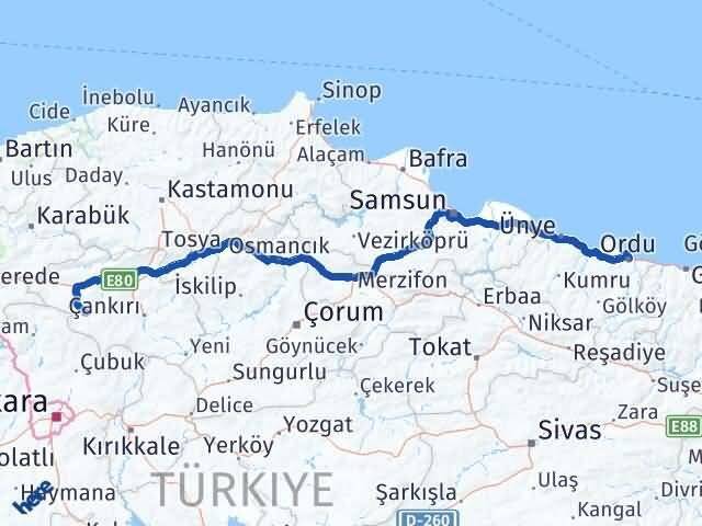 Ordu Orta Çankırı Arası Kaç Km - Yol Haritası