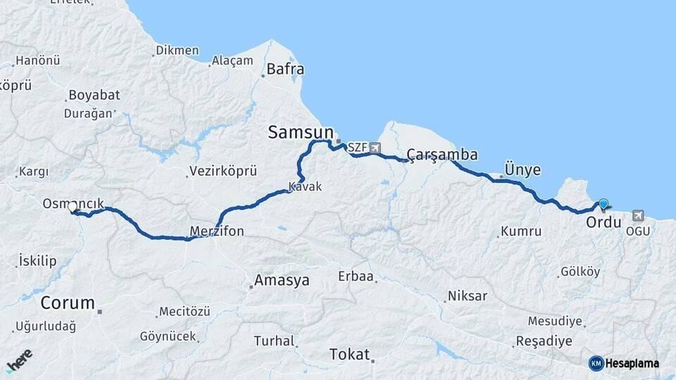 Ordu Osmancık Çorum Arası Kaç Km - Yol Haritası