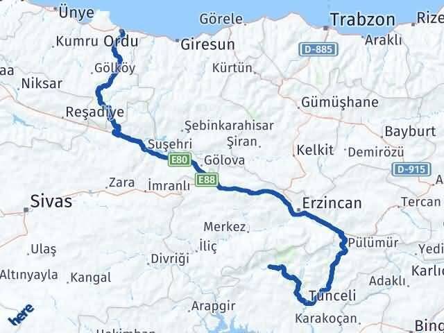 Ordu Ovacık Tunceli Arası Kaç Km - Yol Haritası