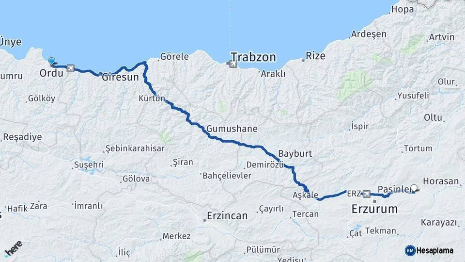 Ordu Pasinler Erzurum Arası Kaç Km - Yol Haritası