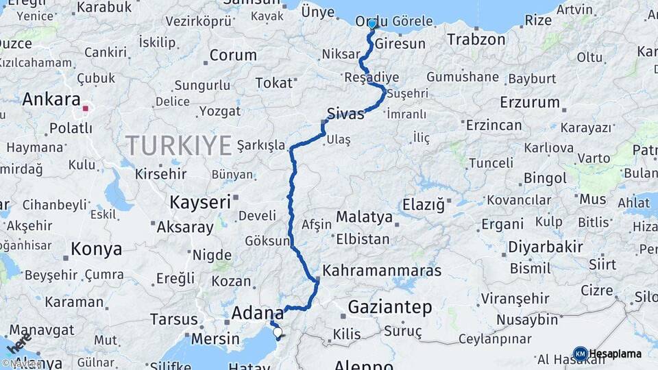 Ordu Payas Hatay Arası Kaç Km - Yol Haritası
