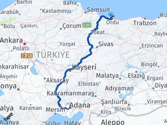 Ordu Perşembe Adana Arası Kaç Km - Yol Haritası