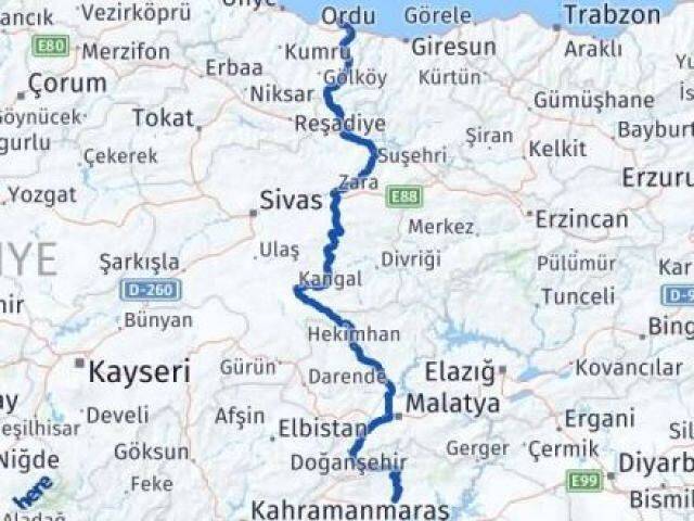Ordu Perşembe Adıyaman Arası Kaç Km - Yol Haritası