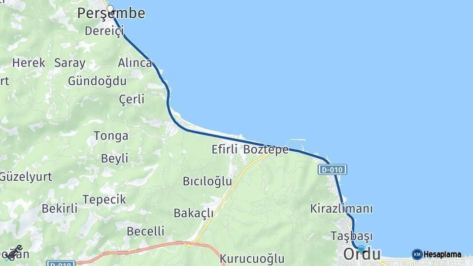 Ordu Perşembe Arası Kaç Km - Yol Haritası