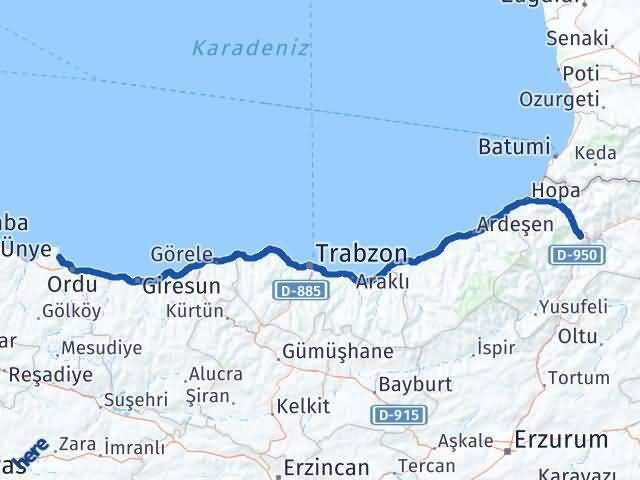 Ordu Perşembe Artvin Arası Kaç Km - Yol Haritası