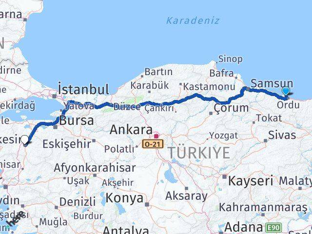 Ordu Perşembe Balıkesir Arası Kaç Km - Yol Haritası