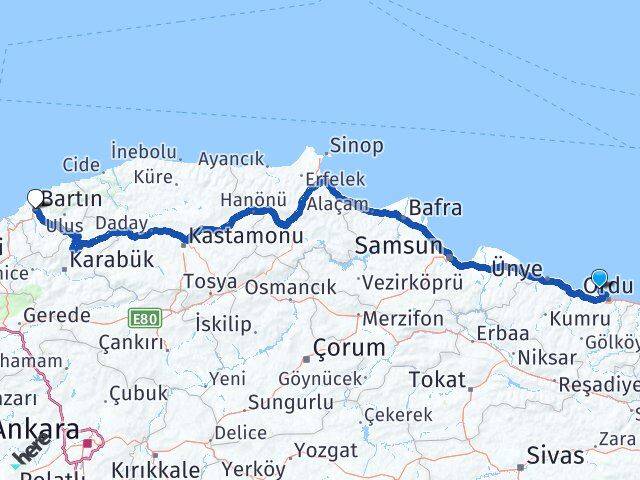 Ordu Perşembe Bartın Arası Kaç Km - Yol Haritası
