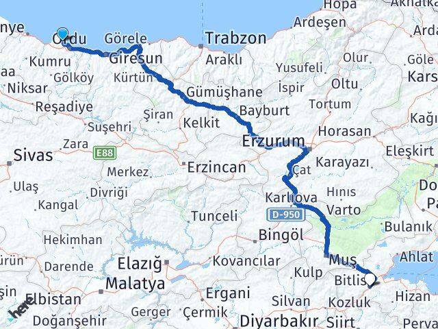 Ordu Perşembe Bitlis Arası Kaç Km - Yol Haritası