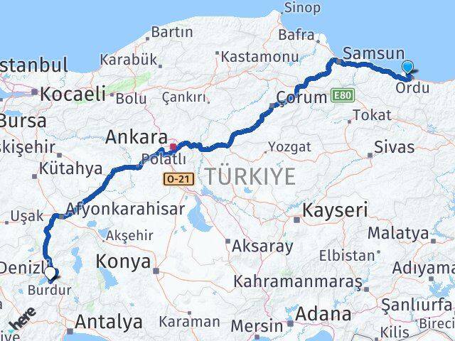 Ordu Perşembe Burdur Arası Kaç Km - Yol Haritası