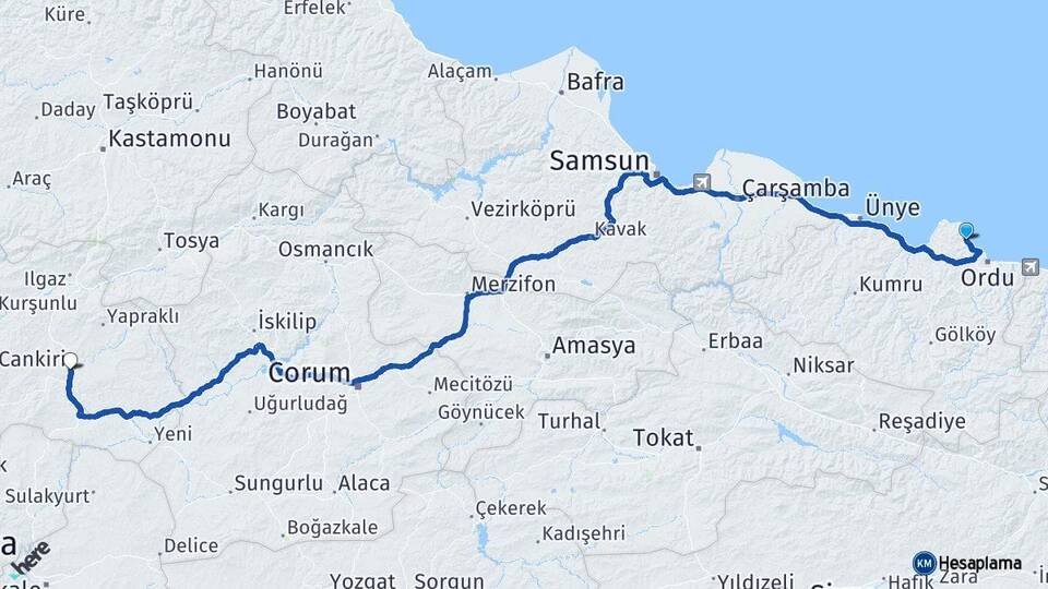 Ordu Perşembe Çankırı Arası Kaç Km - Yol Haritası