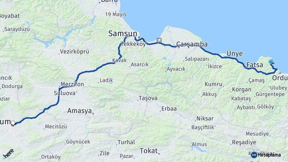 Ordu Perşembe Çorum Arası Kaç Km - Yol Haritası
