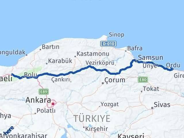 Ordu Perşembe Düzce Arası Kaç Km - Yol Haritası