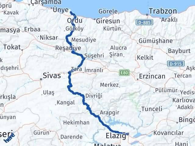Ordu Perşembe Elazığ Arası Kaç Km - Yol Haritası