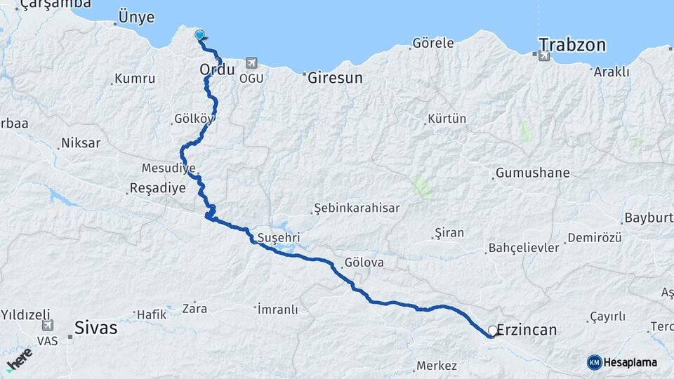 Ordu Perşembe Erzincan Arası Kaç Km - Yol Haritası