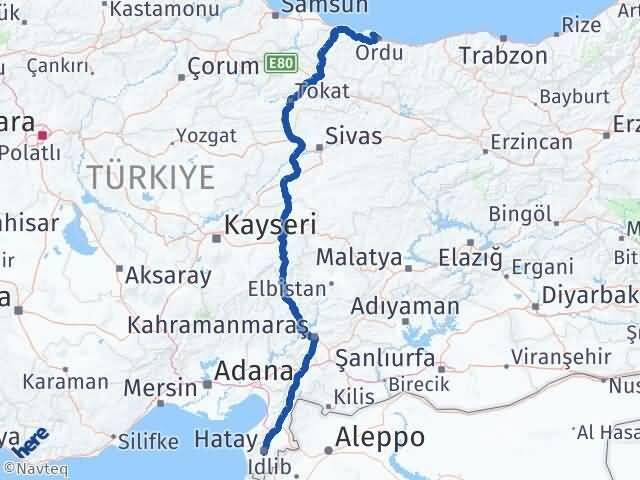 Ordu Perşembe Hatay Arası Kaç Km - Yol Haritası