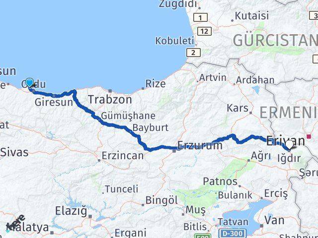 Ordu Perşembe Iğdır Arası Kaç Km - Yol Haritası