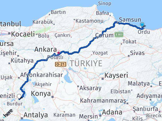 Ordu Perşembe Isparta Arası Kaç Km - Yol Haritası