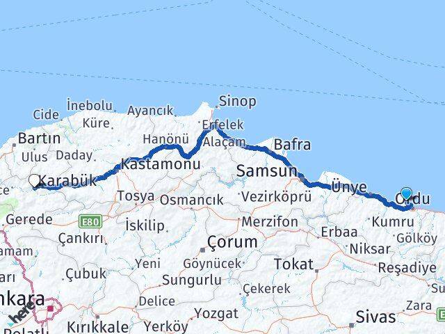 Ordu Perşembe Karabük Arası Kaç Km - Yol Haritası