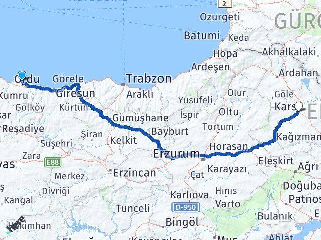 Ordu Perşembe Kars Arası Kaç Km - Yol Haritası
