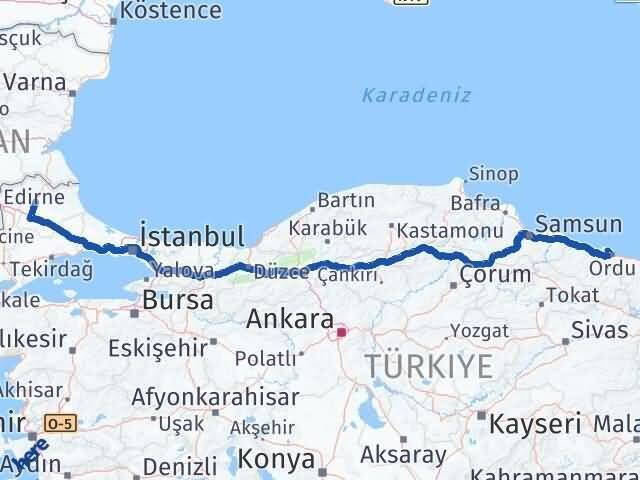 Ordu Perşembe Kırklareli Arası Kaç Km - Yol Haritası