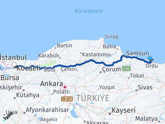 Ordu Perşembe Kocaeli Arası Kaç Km - Yol Haritası