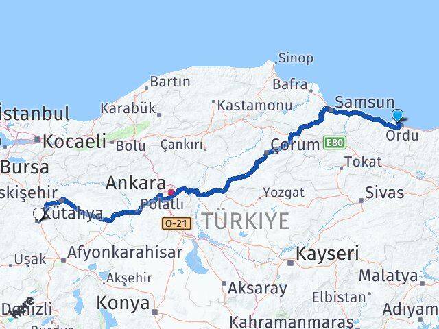 Ordu Perşembe Kütahya Arası Kaç Km - Yol Haritası