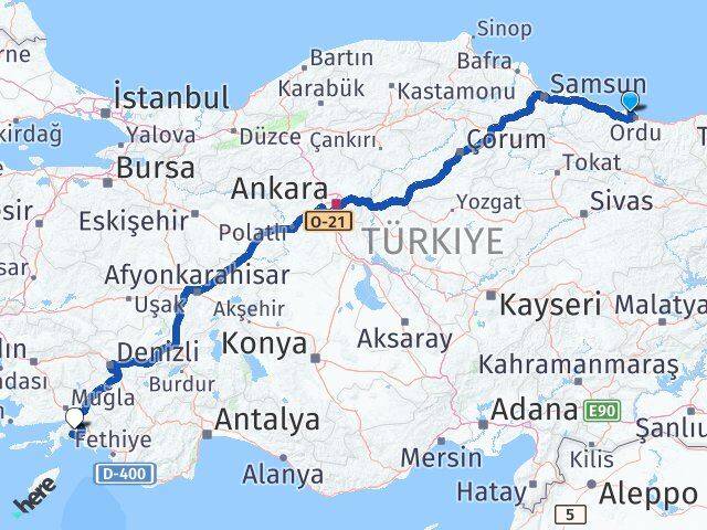 Ordu Perşembe Muğla Arası Kaç Km - Yol Haritası