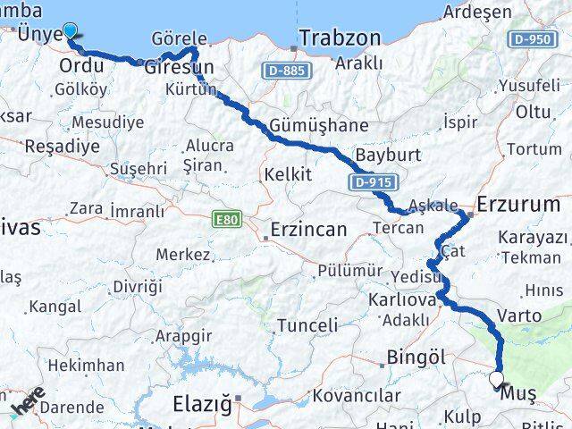 Ordu Perşembe Muş Arası Kaç Km - Yol Haritası