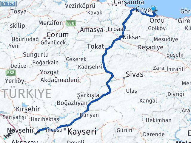 Ordu Perşembe Nevşehir Arası Kaç Km - Yol Haritası
