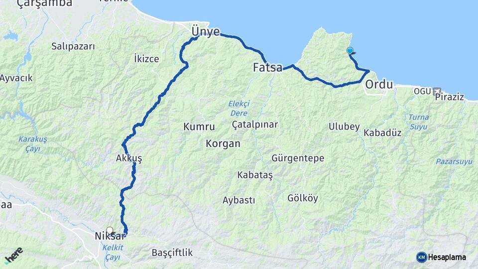 Ordu Perşembe Niksar Tokat Arası Kaç Km - Yol Haritası